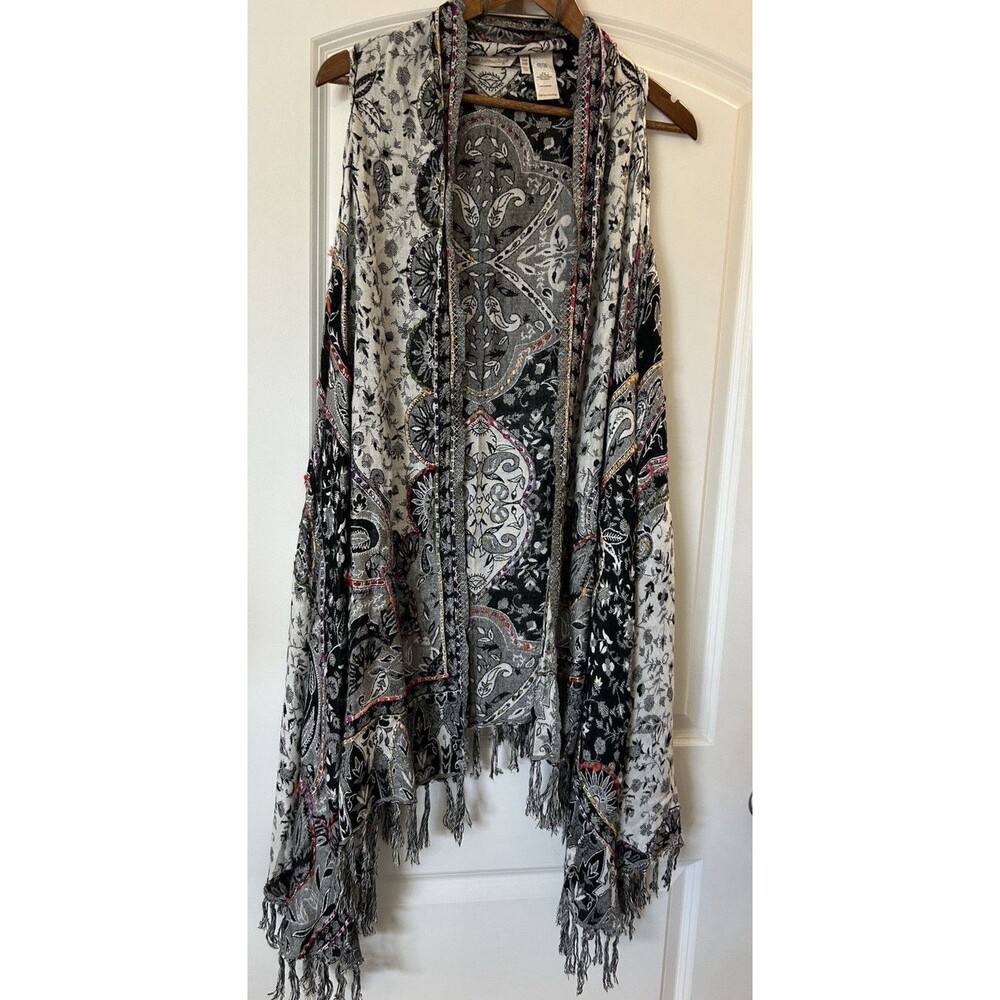 Soft Surroundings Fringe Duster Vest Black White Paisley Boho Festival Kimono - Picture 2 of 10